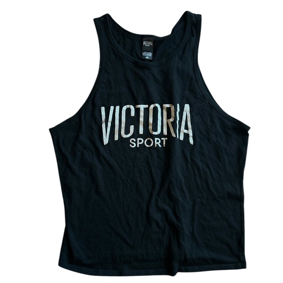 Victoria Sport Black Tank Top Gold Lettering Sz L Sparkly lightweight Sleeveless - Picture 1 of 5
